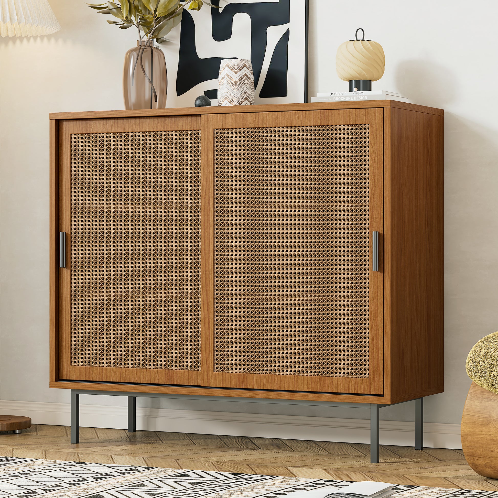 Walnut sideboard cabinet with rattan decorated doors, two sliding barn doors, adjustable shelves, 37x90x10 cm, modern storage furniture.