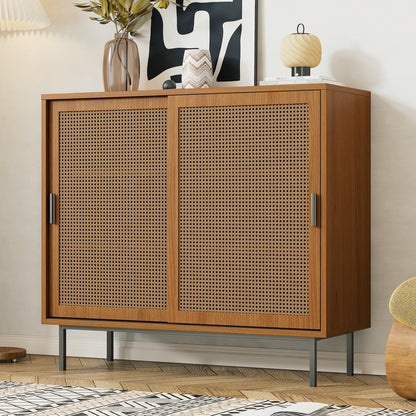 Walnut sideboard cabinet with rattan decorated doors, two sliding barn doors, adjustable shelves, 37x90x10 cm, modern storage furniture.