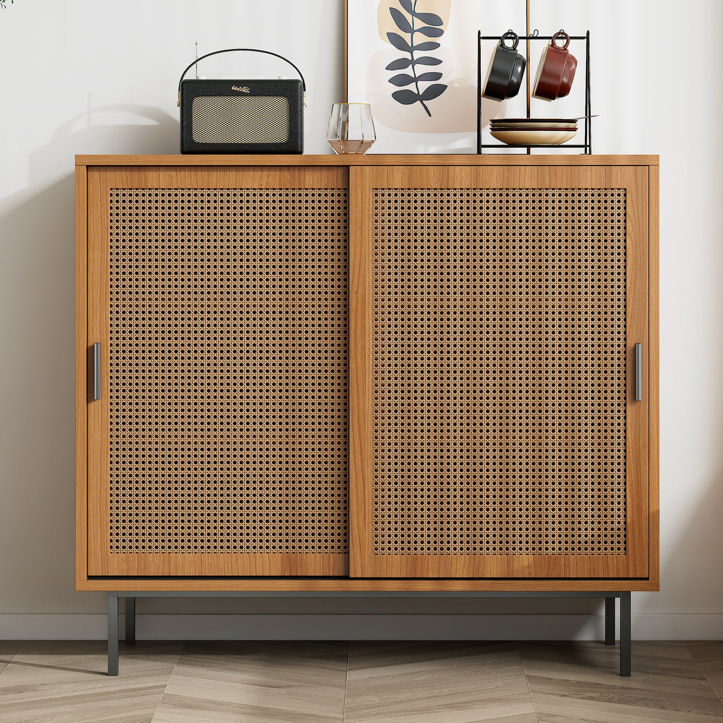 Walnut HOMCOM sideboard cabinet with rattan decorated doors, two sliding barn doors, adjustable shelves, measuring 10x37x90 cm.