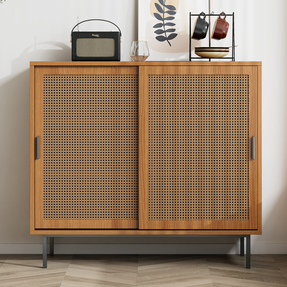 Walnut HOMCOM sideboard cabinet with rattan decorated doors, two sliding barn doors, adjustable shelves, measuring 10x37x90 cm.