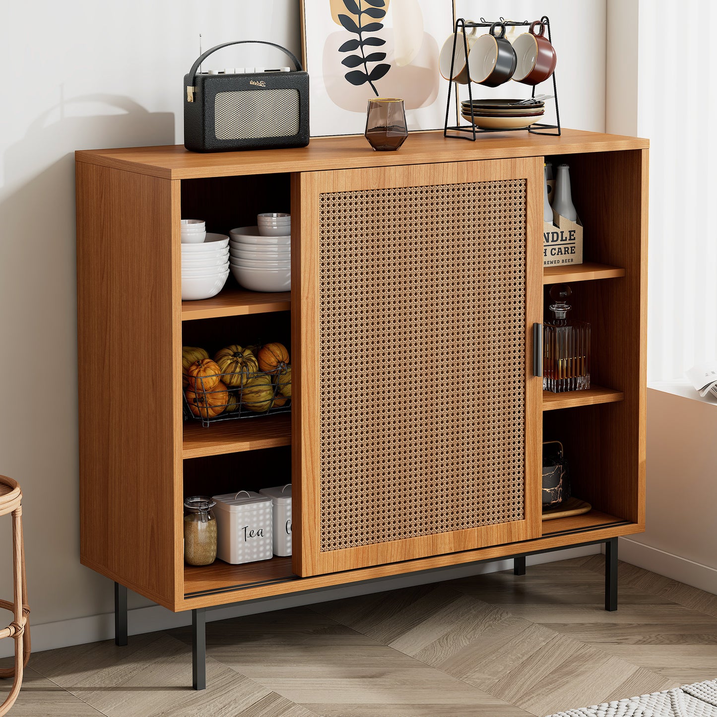 Walnut HOMCOM sideboard cabinet with rattan decorated doors, two sliding barn doors, adjustable shelves, measuring 100x37x90 cm.