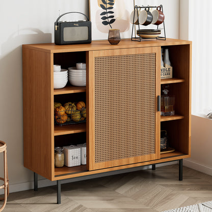 Walnut HOMCOM sideboard cabinet with rattan decorated doors, two sliding barn doors, adjustable shelves, measuring 100x37x90 cm.