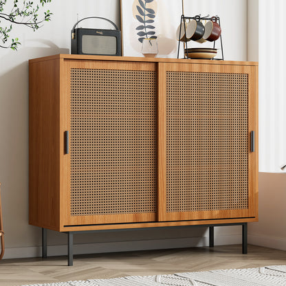 Walnut HOMCOM sideboard cabinet with rattan decorated doors and sliding barn doors, 10x37x90 cm, featuring adjustable shelves.