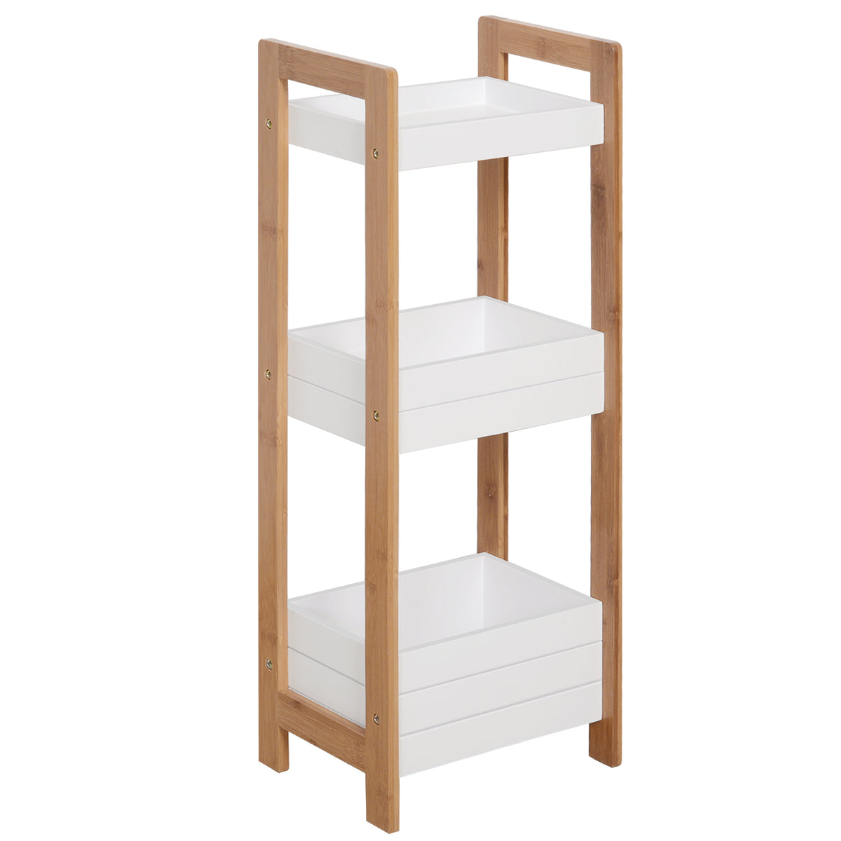 White HOMCOM 3-tier bamboo bathroom rack storage shelf, narrow shower tower organizer with multiple shelves for bathroom organization.