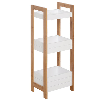White HOMCOM 3-tier bamboo bathroom rack storage shelf, narrow shower tower organizer with multiple shelves for bathroom organization.