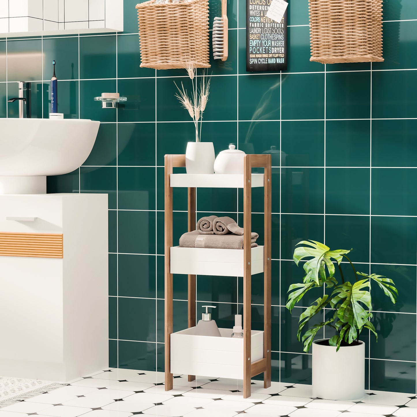 White HOMCOM 3-tier bamboo bathroom rack storage shelf for narrow spaces, ideal as a shower tower organizer.
