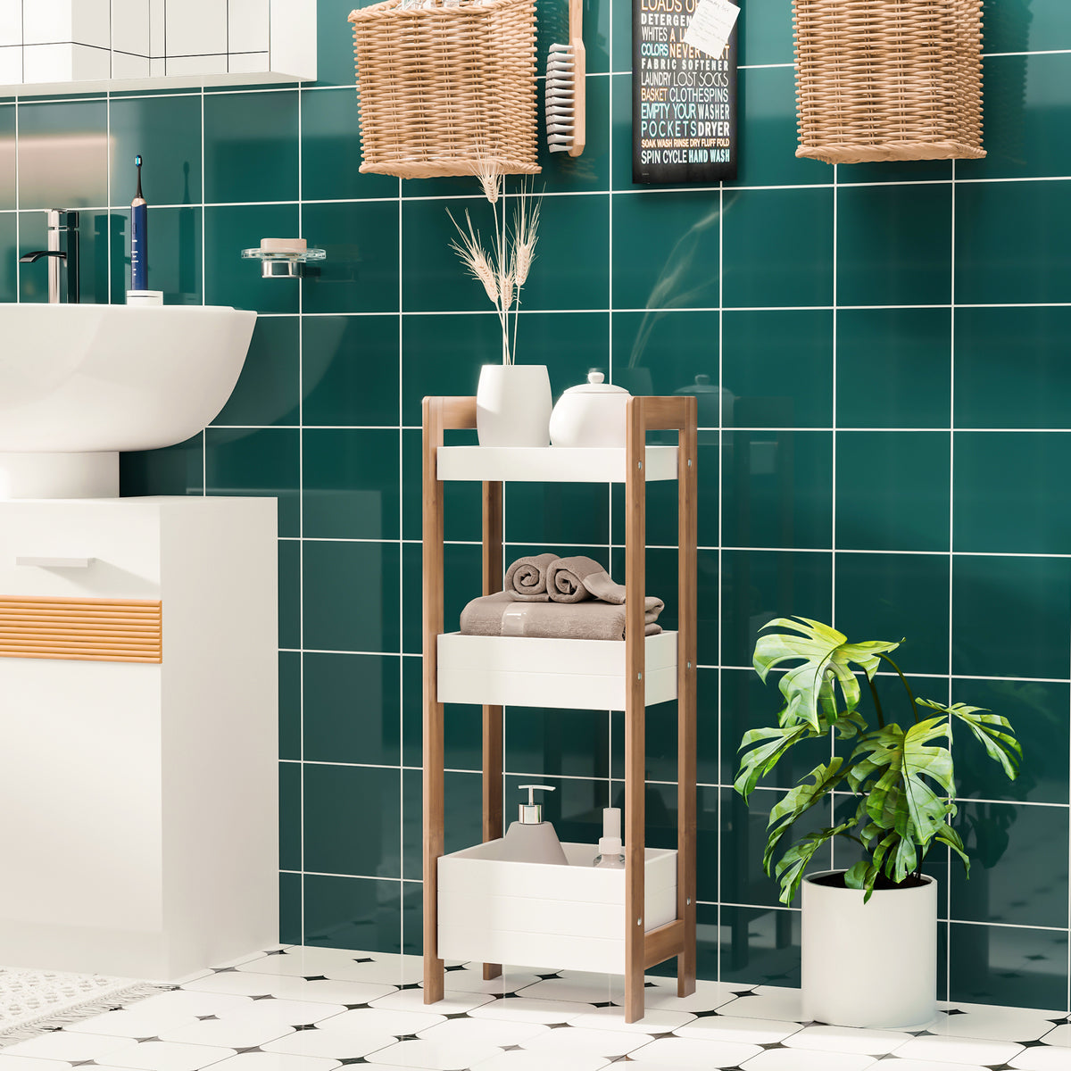 White HOMCOM 3-tier bamboo bathroom rack storage shelf for narrow spaces, ideal as a shower tower organizer.