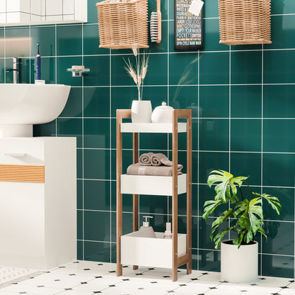 White HOMCOM 3-tier bamboo bathroom rack storage shelf for narrow spaces, ideal as a shower tower organizer.
