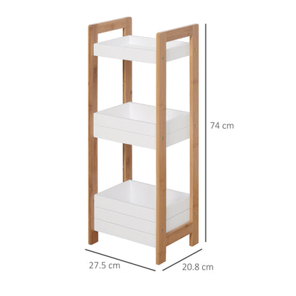 White HOMCOM 3-tier bamboo bathroom rack storage shelf for narrow spaces, ideal as a shower tower organizer with multiple shelves.