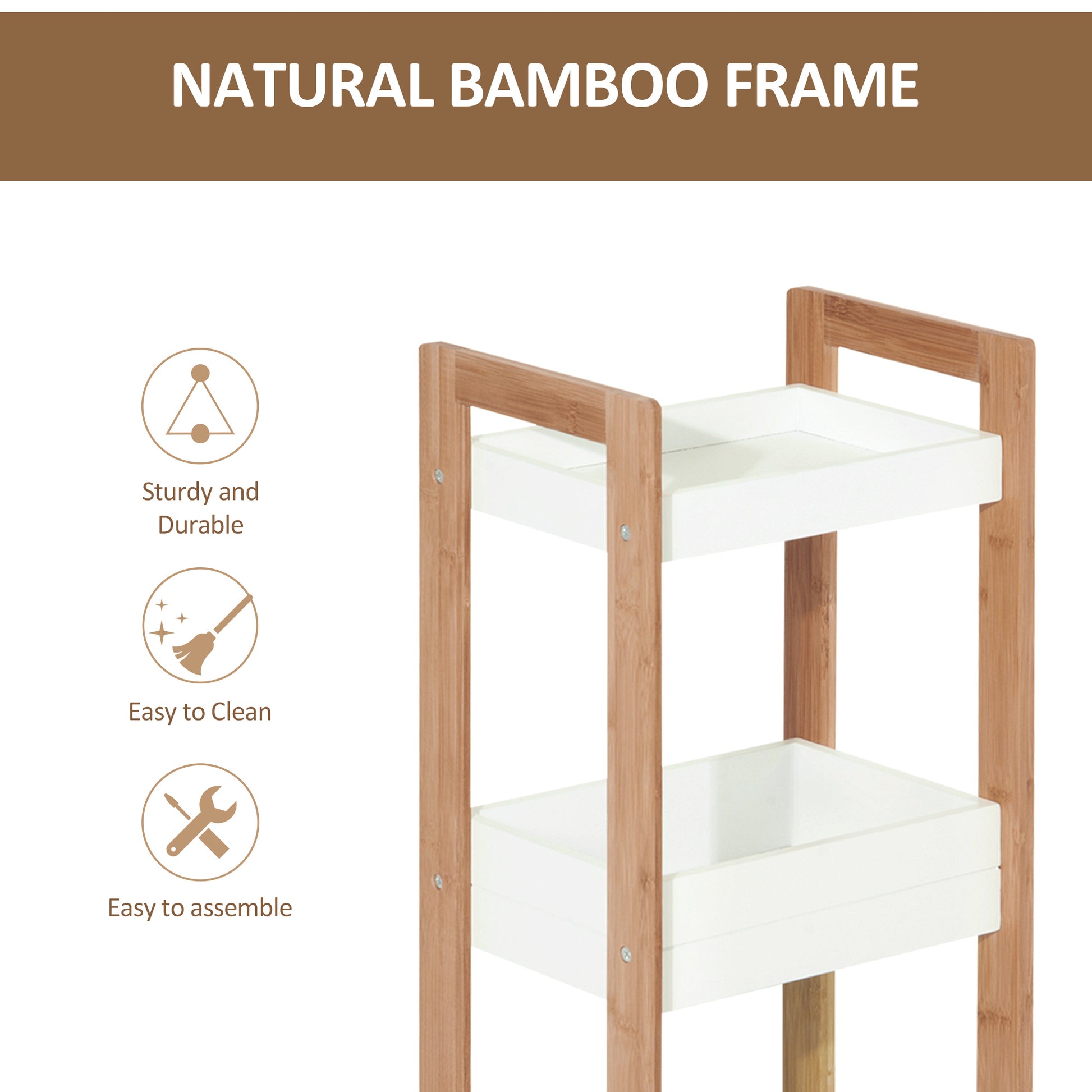 HOMCOM white 3-tier bamboo bathroom rack storage shelf for narrow spaces, ideal as shower tower organiser with multiple shelves