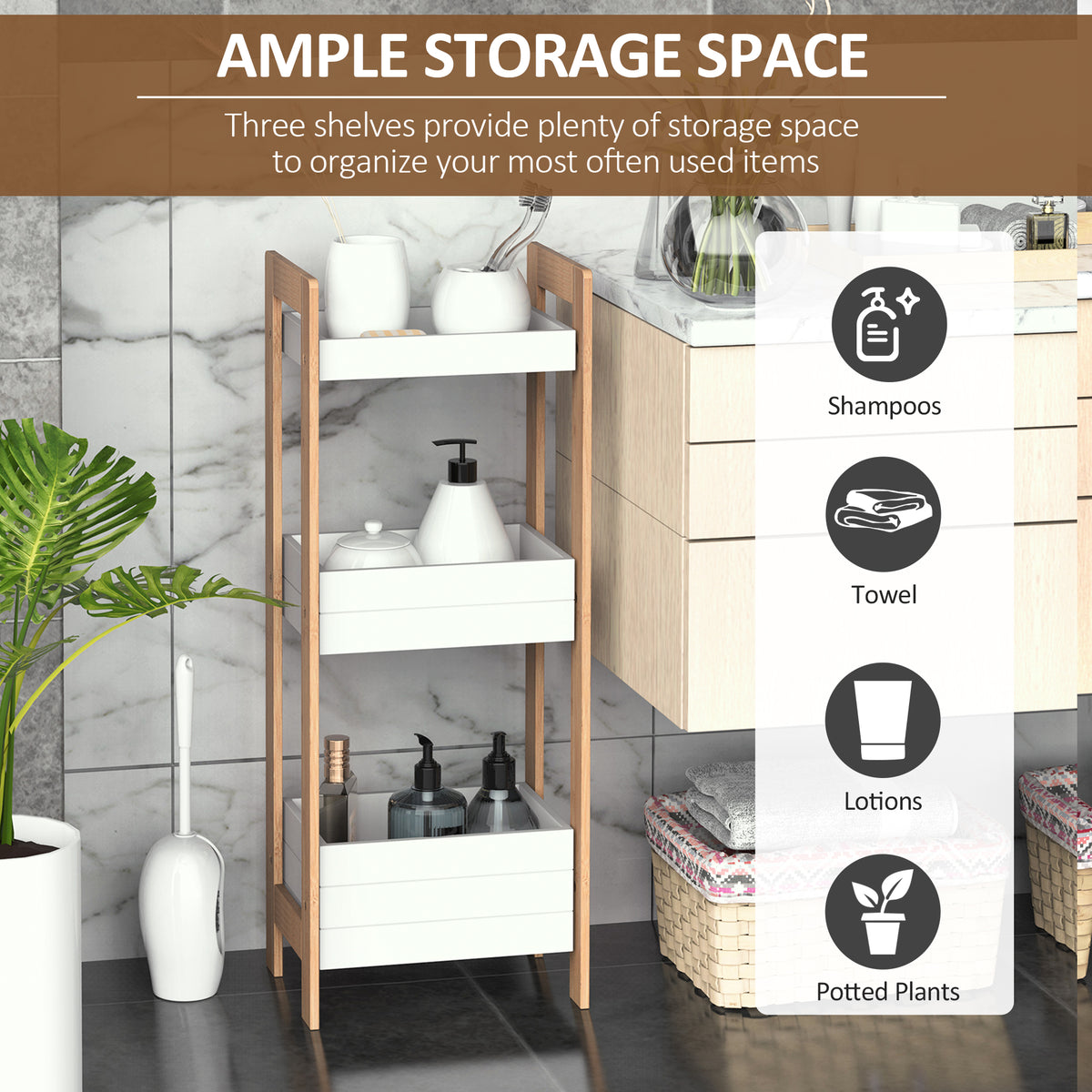 White HOMCOM 3-tier bamboo bathroom rack storage shelf, narrow shower tower organizer with multiple shelves for bathroom use.