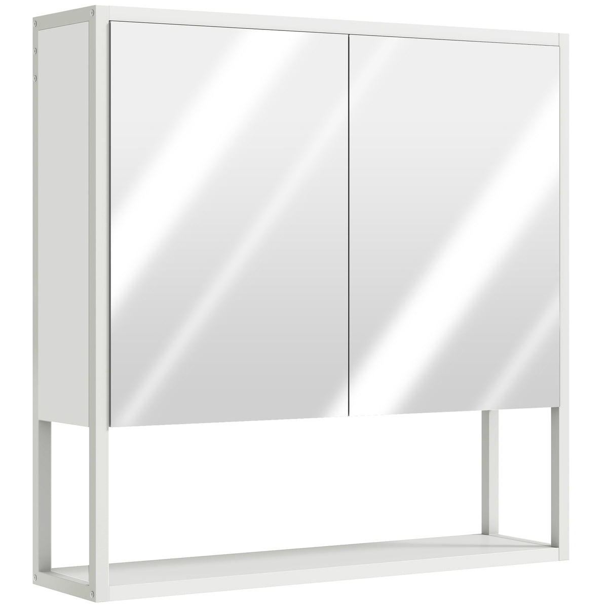 White HOMCOM bathroom mirror cabinet with soft-close doors and adjustable shelf, shown mounted on a wall in a modern bathroom.