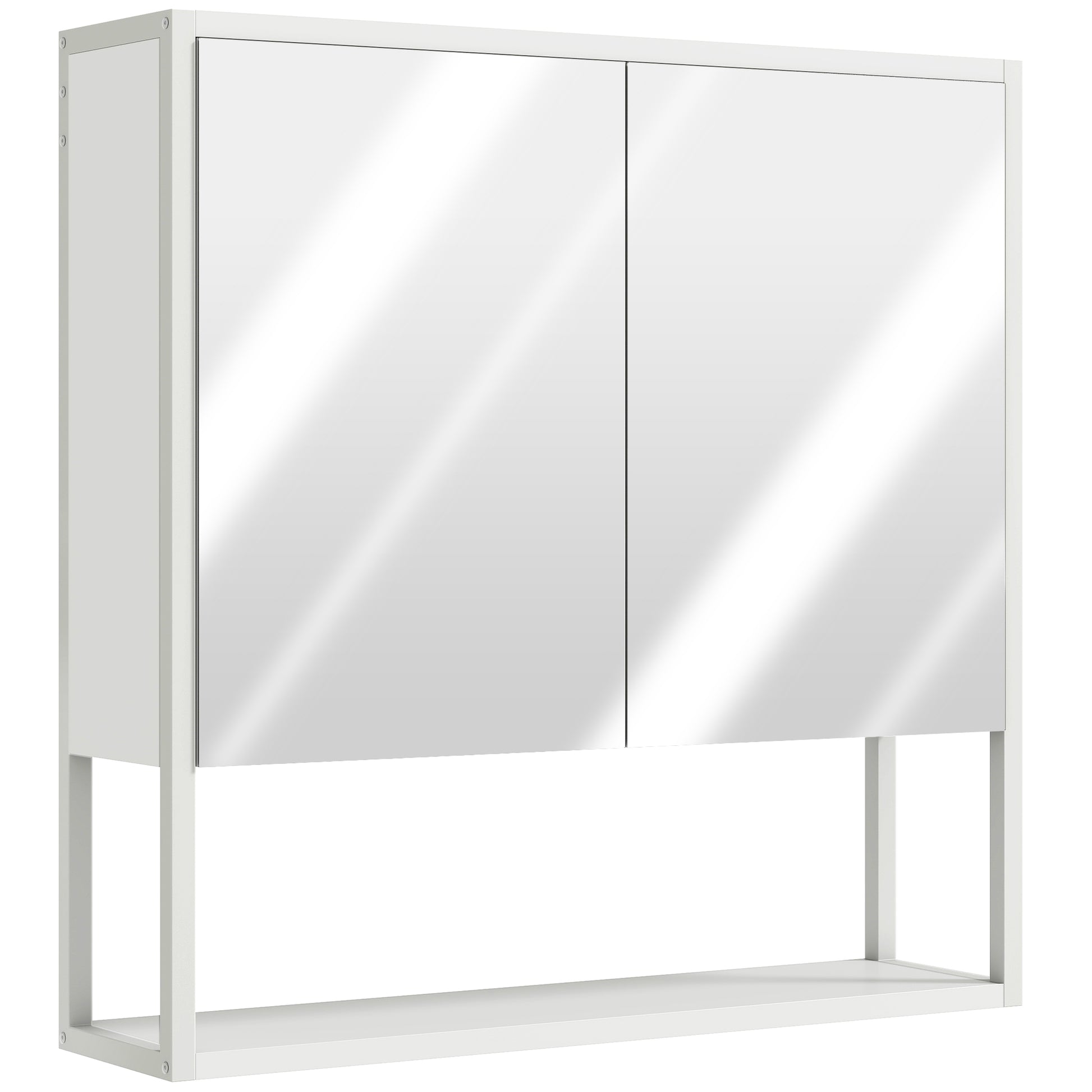 White HOMCOM bathroom mirror cabinet with soft-close doors and adjustable shelf, shown mounted on a wall in a modern bathroom.