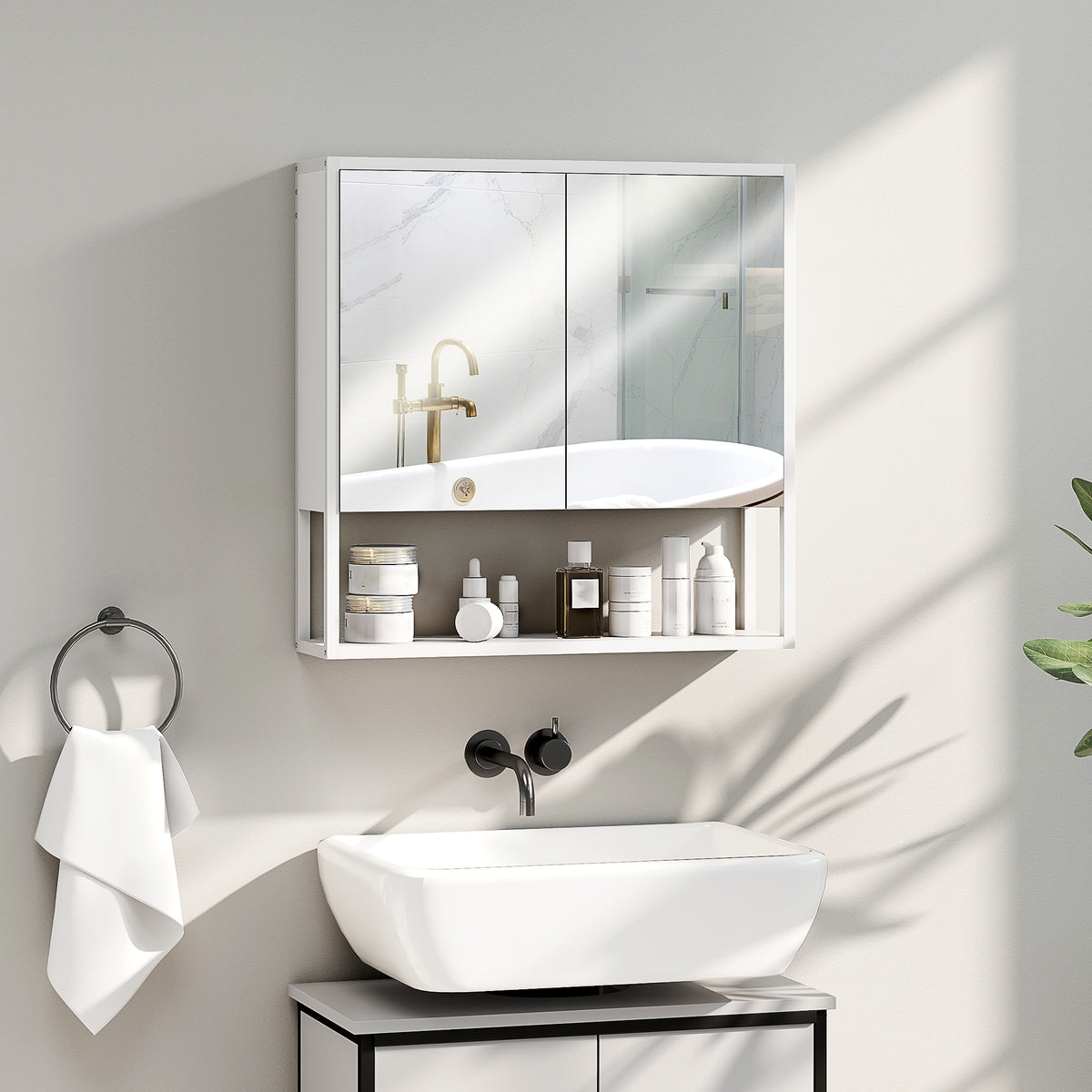 White HOMCOM bathroom mirror cabinet with soft-close doors and adjustable shelf, showcasing a sleek, functional storage solution.