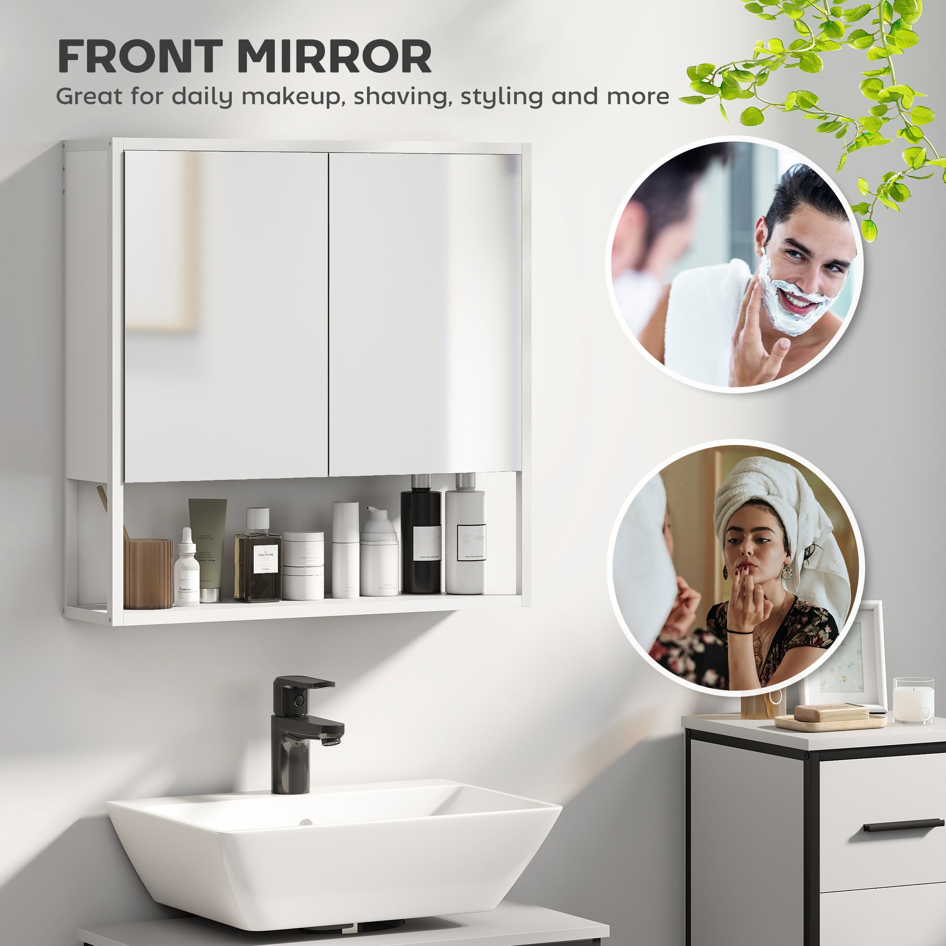 White HOMCOM bathroom mirror cabinet with soft-close doors and adjustable shelf, shown with mirror and storage inside.