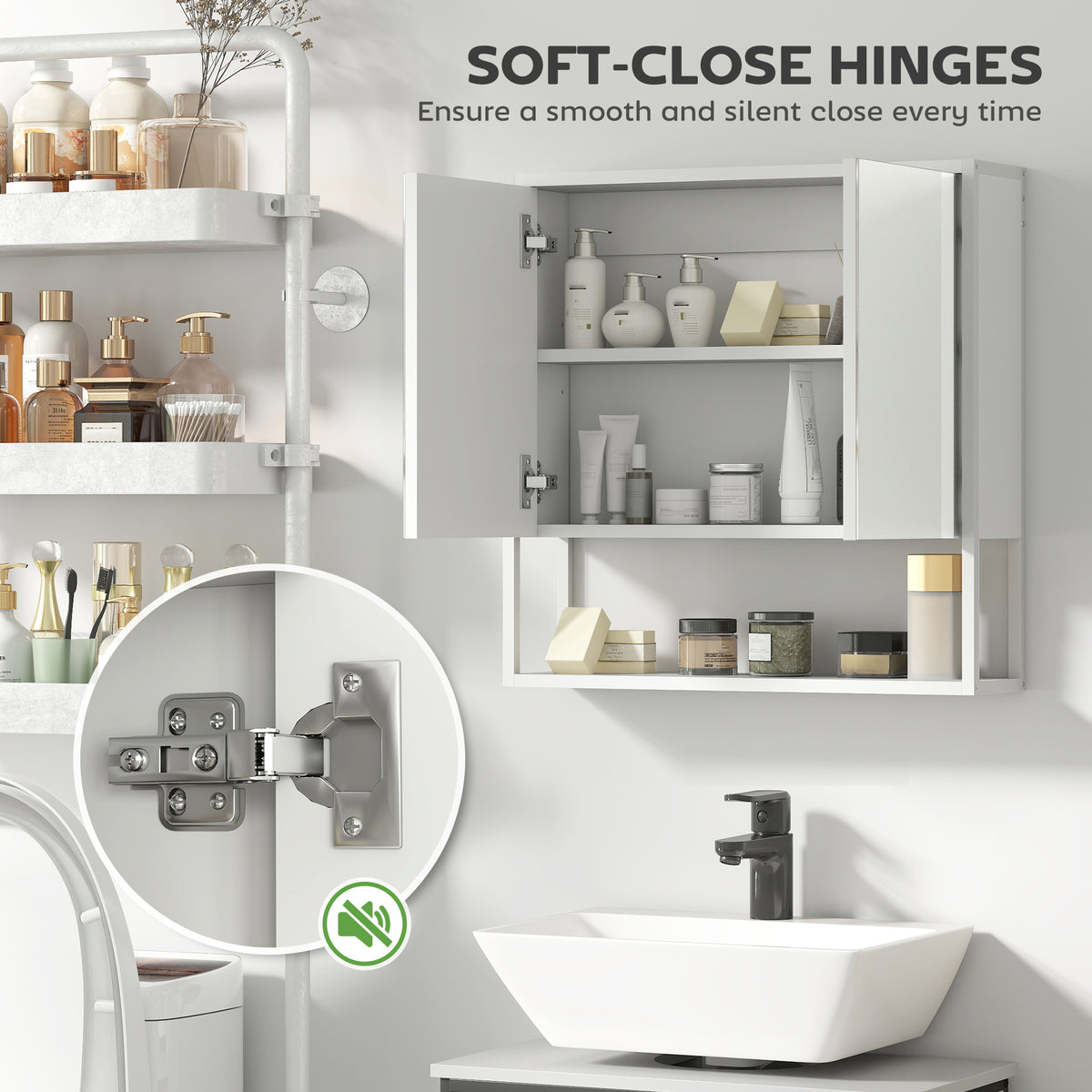 White HOMCOM bathroom mirror cabinet with soft-close doors and adjustable shelf, mounted on bathroom wall.