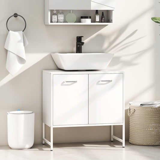 White HOMCOM bathroom vanity unit with soft-close doors, under sink storage cabinet, compact and modern design.