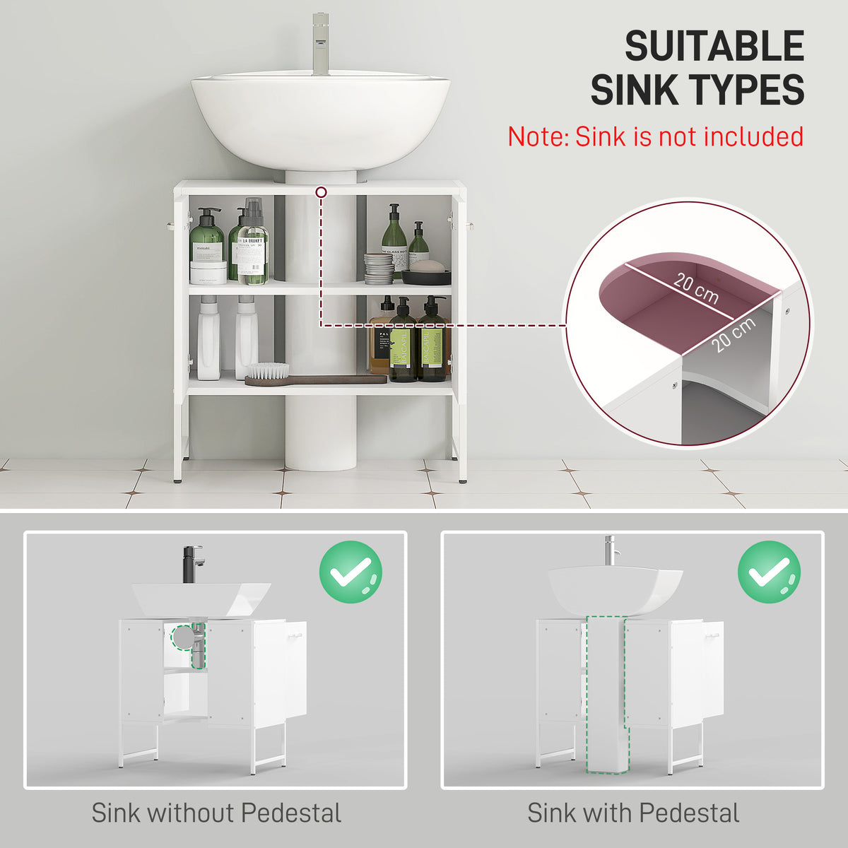HOMCOM white bathroom vanity unit with soft-close doors and under sink storage cabinet for organized bathroom storage.