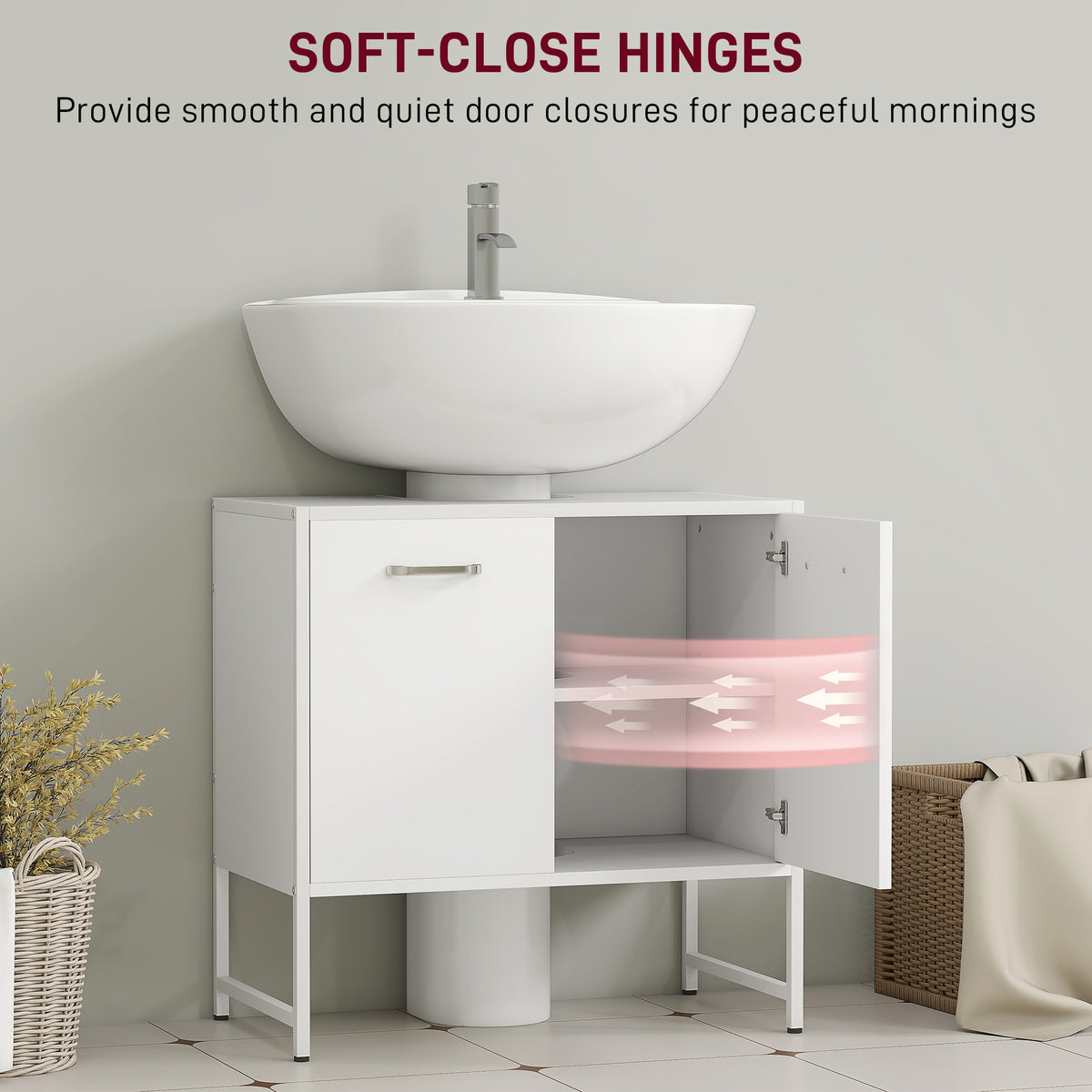 White HOMCOM bathroom vanity unit with soft-close doors and under sink storage cabinet, modern and functional bathroom furniture.