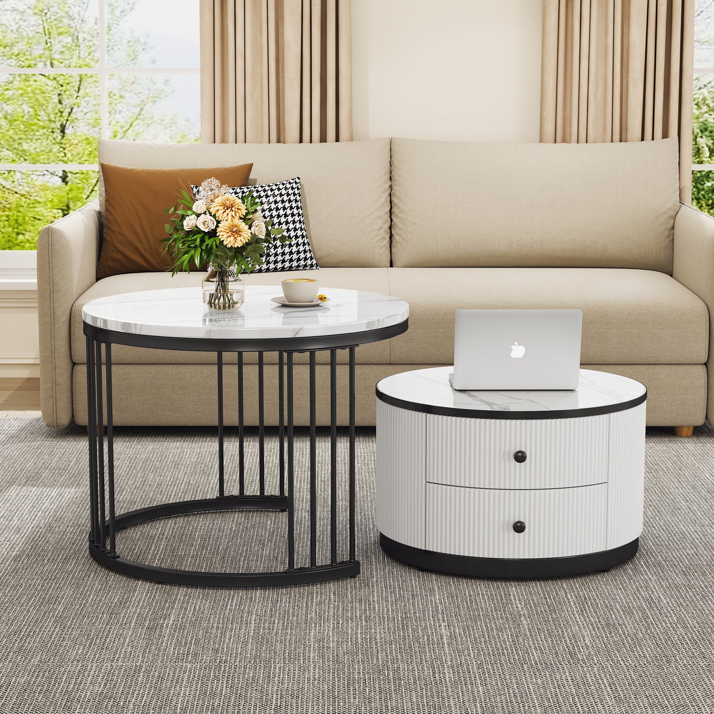 Set of 2 HOMCOM modern round nesting coffee tables with high gloss finish, marble effect tops, and storage drawers in white and black.