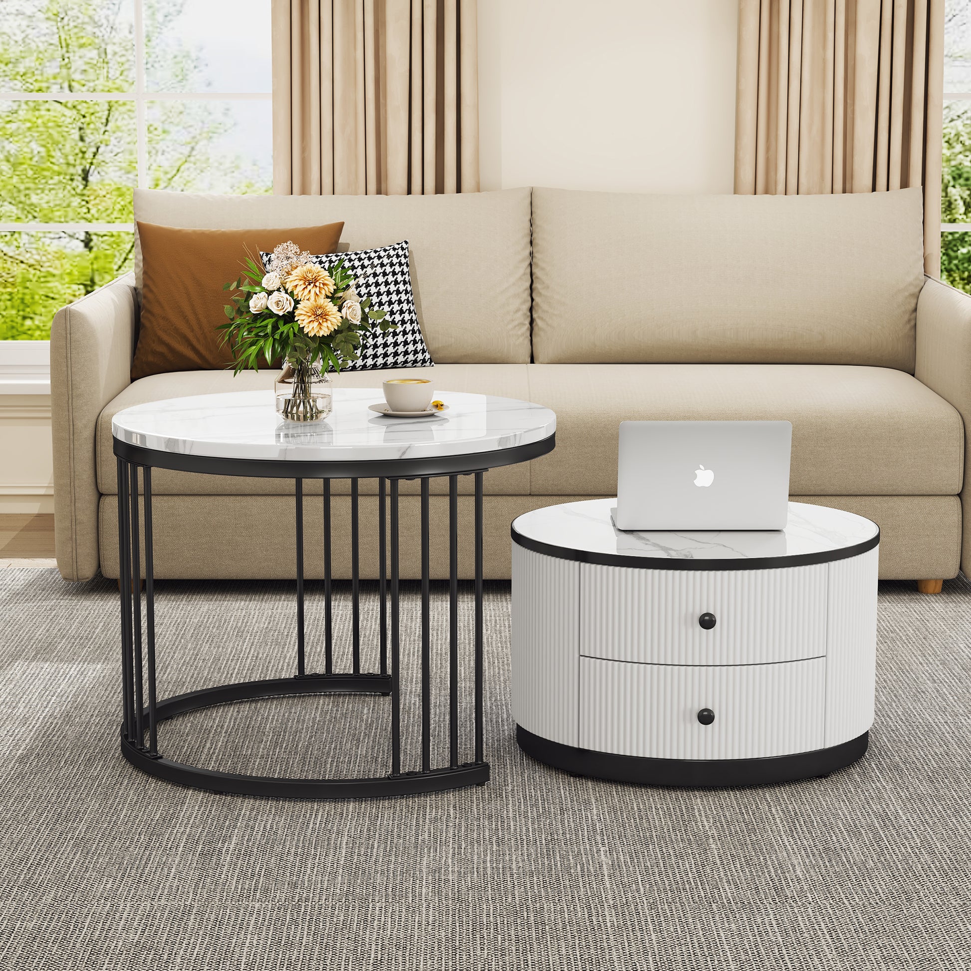 Set of 2 HOMCOM modern round nesting coffee tables with high gloss finish, marble effect tops, and storage drawers in white and black.