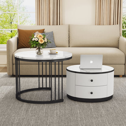 Set of 2 HOMCOM modern round nesting coffee tables with high gloss finish, marble effect tops, and storage drawers in white and black.