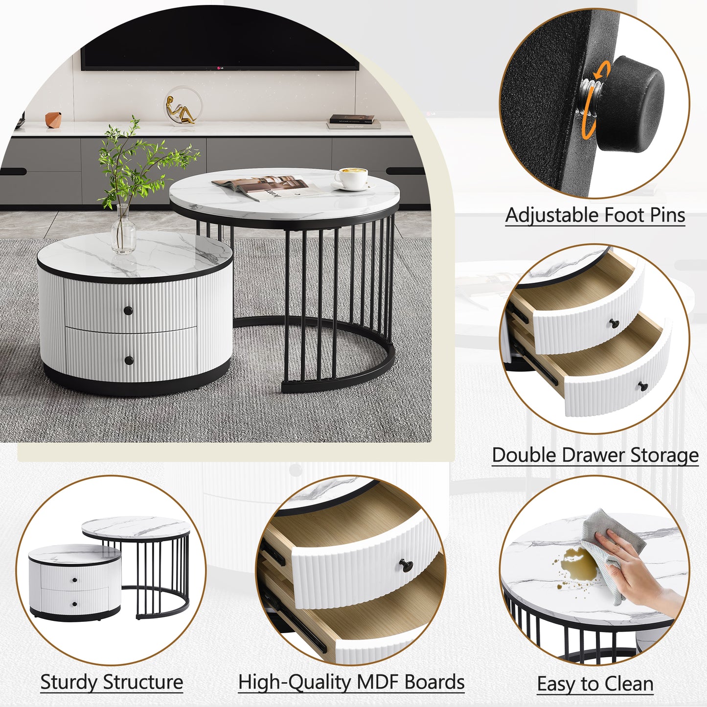 Set of 2 HOMCOM modern white and black nesting coffee tables with high gloss finish, marble effect tops, and storage drawers.