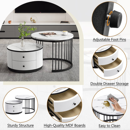Set of 2 HOMCOM modern white and black nesting coffee tables with high gloss finish, marble effect tops, and storage drawers.