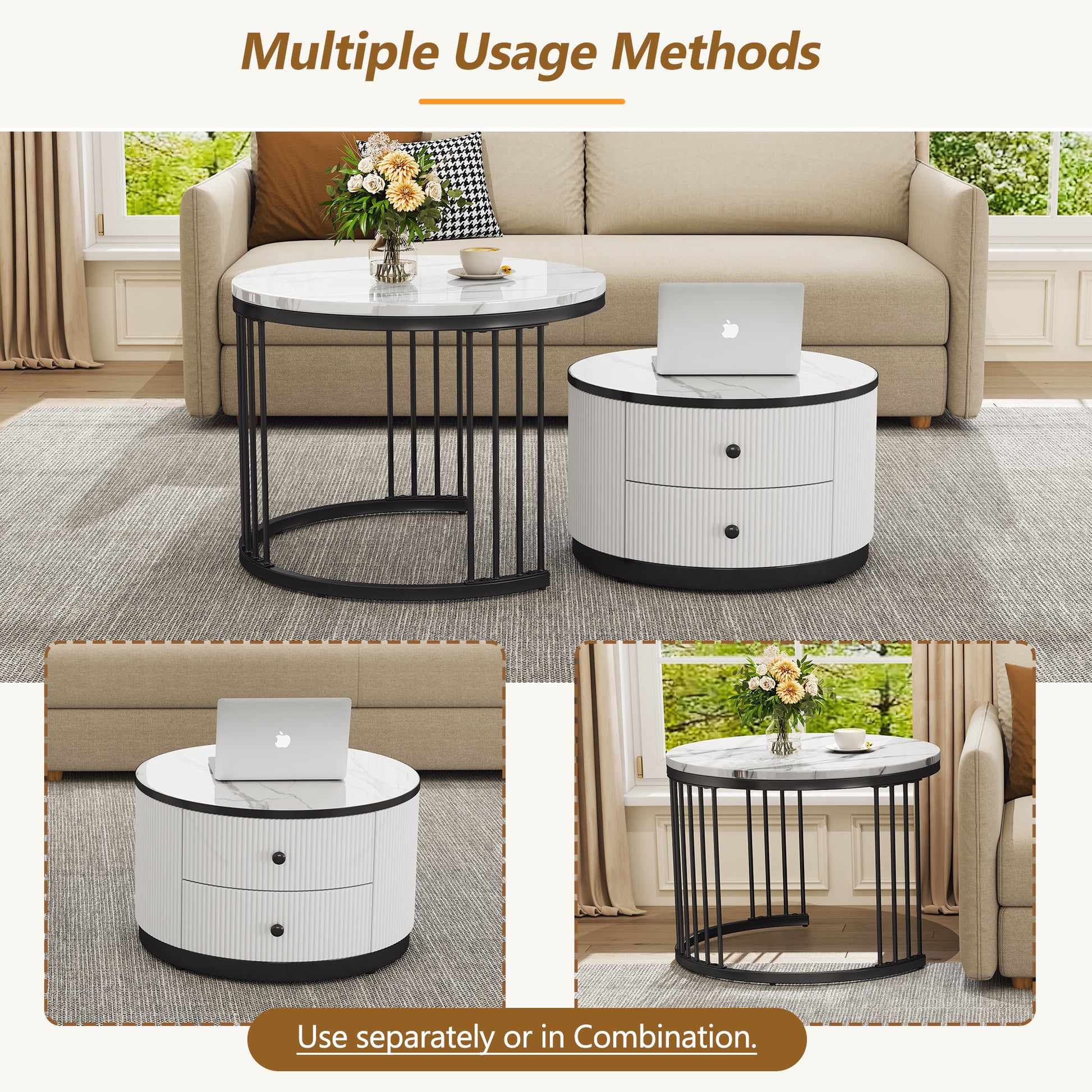 Set of 2 HOMCOM modern nesting coffee tables with high gloss finish, marble effect tops, and storage drawers in white and black.