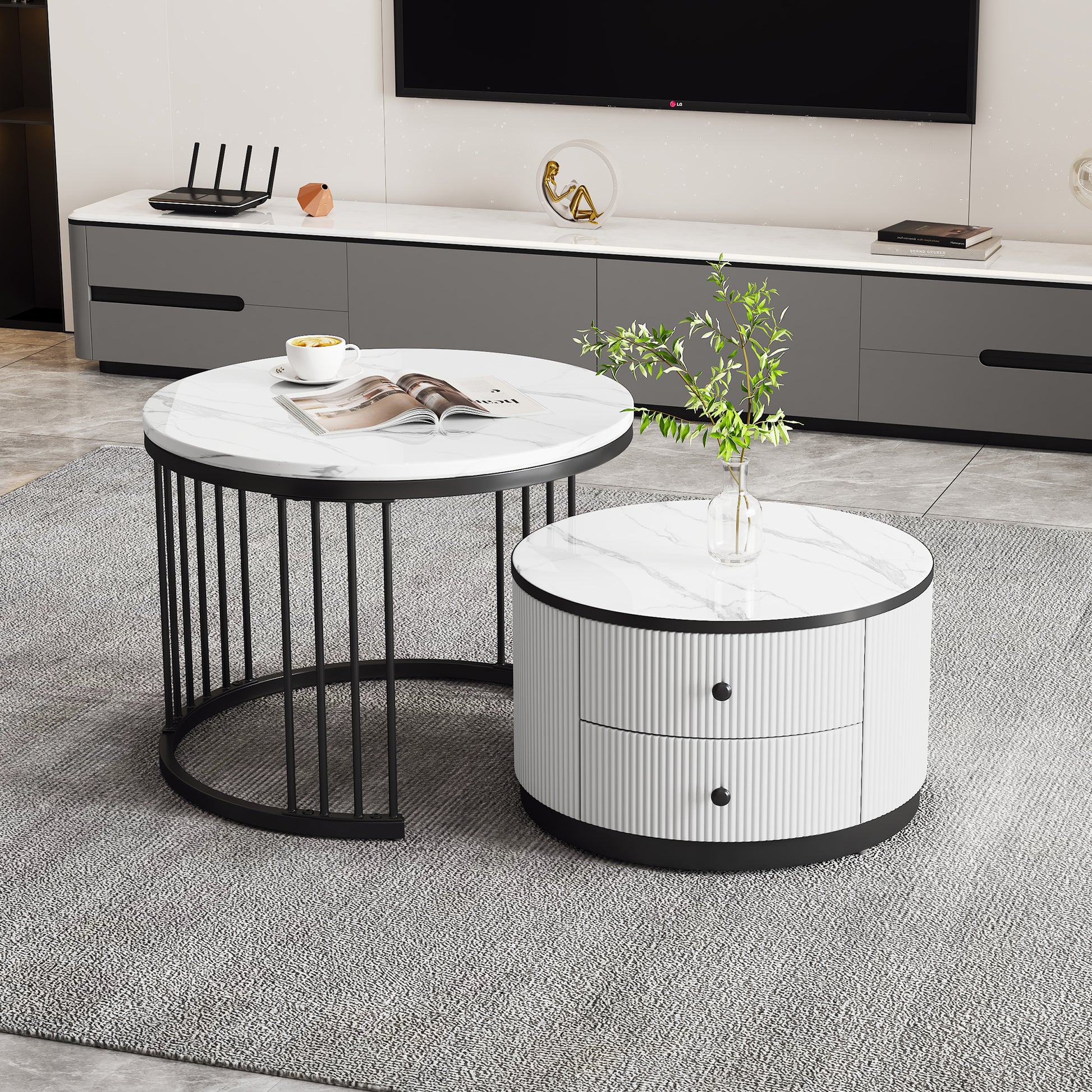 Set of 2 HOMCOM modern nesting coffee tables with high gloss finish, marble effect tops, and storage drawers in white and black.