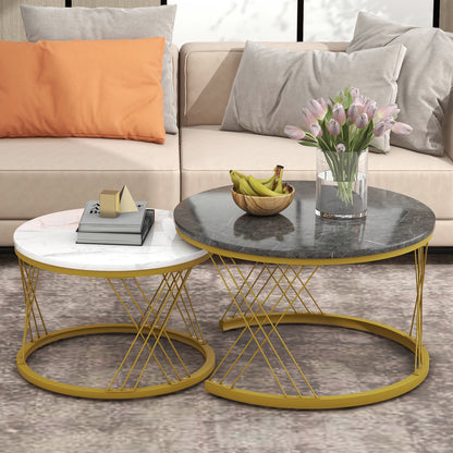Set of 2 HOMCOM round nesting coffee tables with marble-effect tops and gold metal frames for modern living room decor.