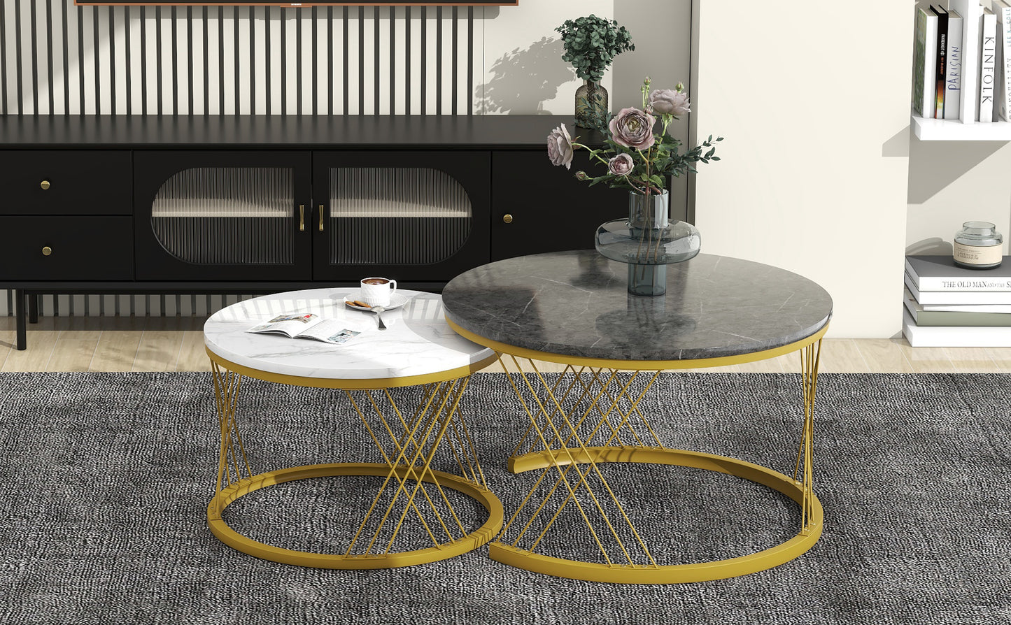 Set of 2 HOMCOM round nesting coffee tables with marble effect tops and gold metal frames, black and white modern living room side tables.