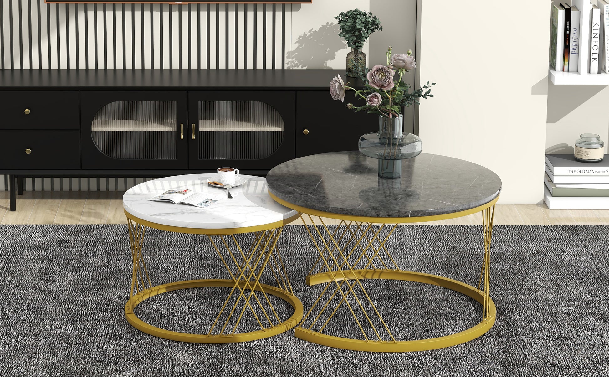 Set of 2 HOMCOM round nesting coffee tables with marble effect tops and gold metal frames, black and white modern living room side tables.