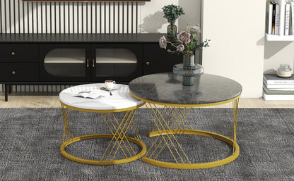 Set of 2 HOMCOM round nesting coffee tables with marble effect tops and gold metal frames, black and white modern living room side tables.