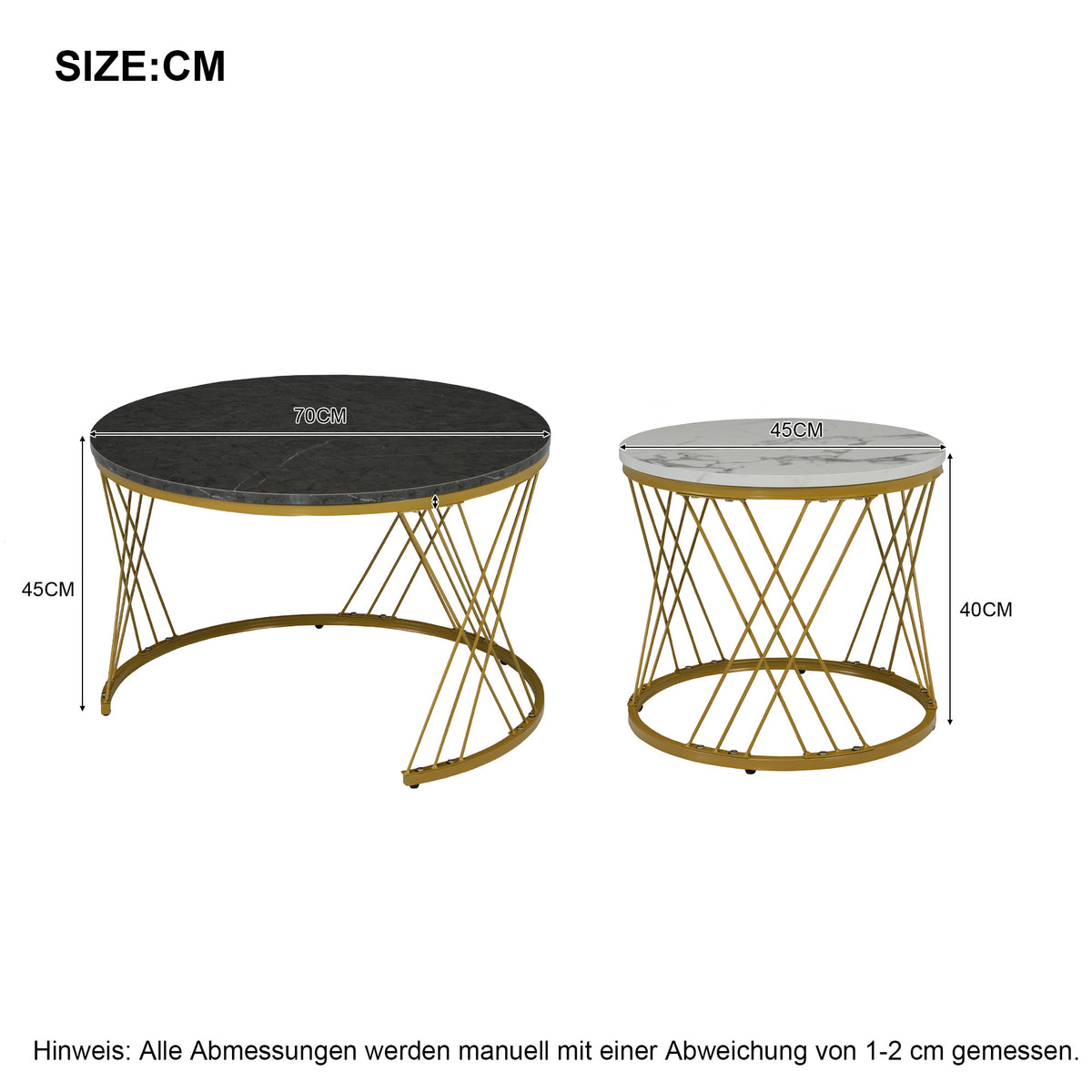 Set of 2 HOMCOM round nesting coffee tables with marble effect tops and gold metal frames, modern white and black living room side tables