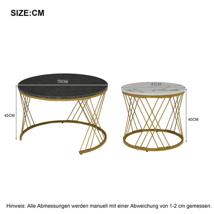 Set of 2 HOMCOM round nesting coffee tables with marble effect tops and gold metal frames, modern white and black living room side tables