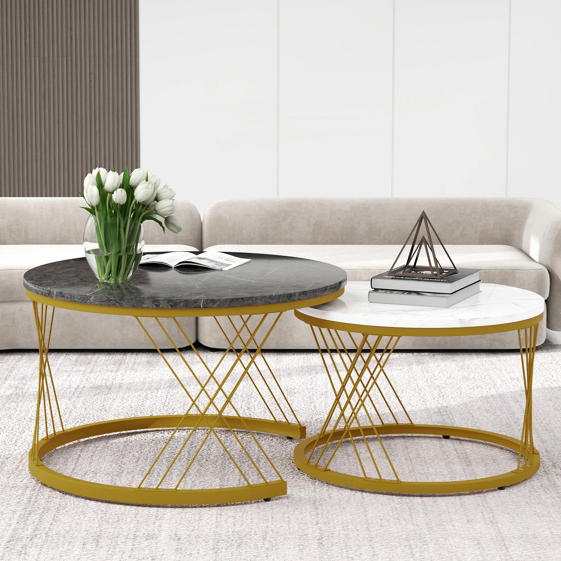 Set of 2 HOMCOM round nesting coffee tables with marble-effect tops and gold metal frames, ideal for modern living rooms.