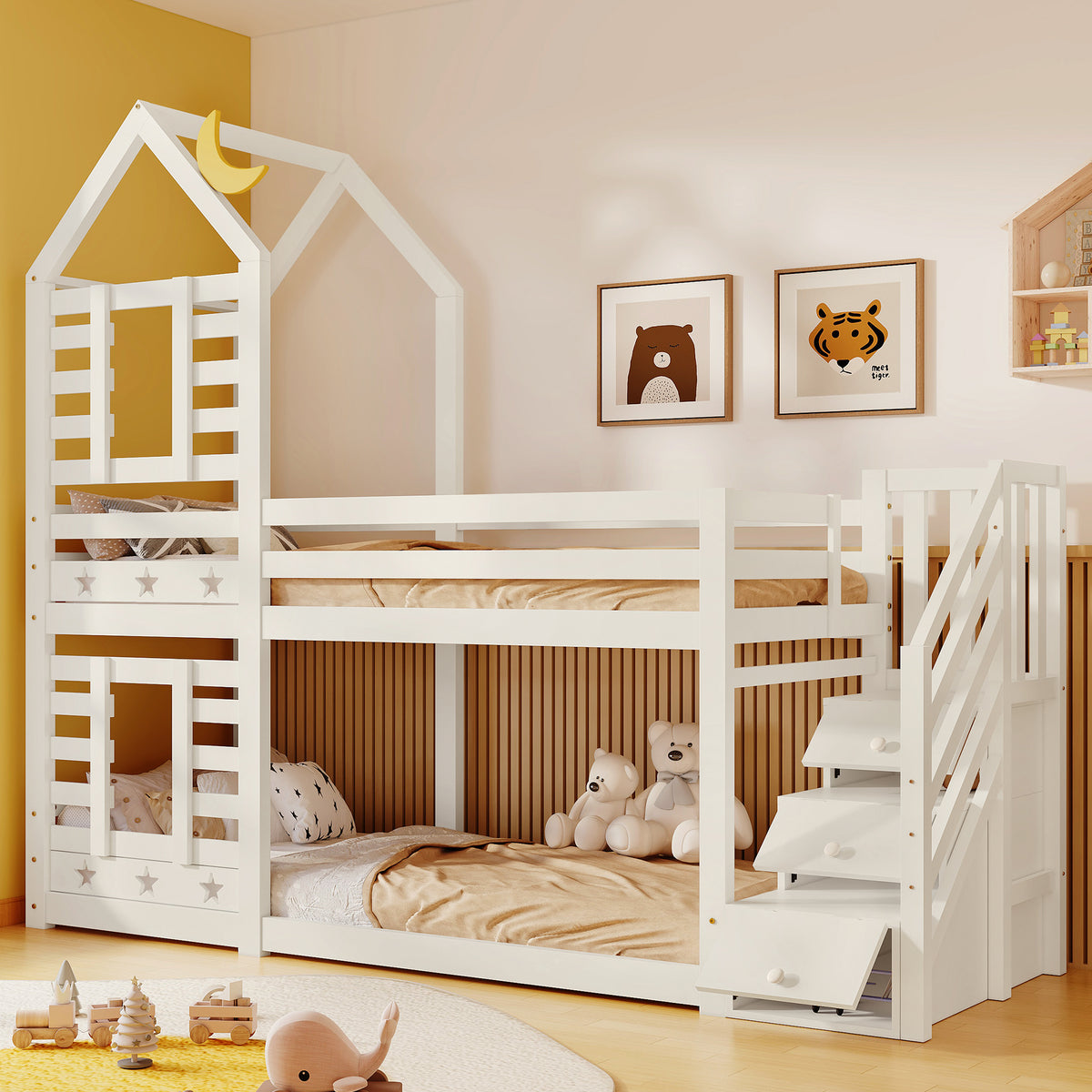 White HOMCOM bunk bed with storage, cabin design, window, twin size 190x90 cm, solid pine wood for kids' bedroom.