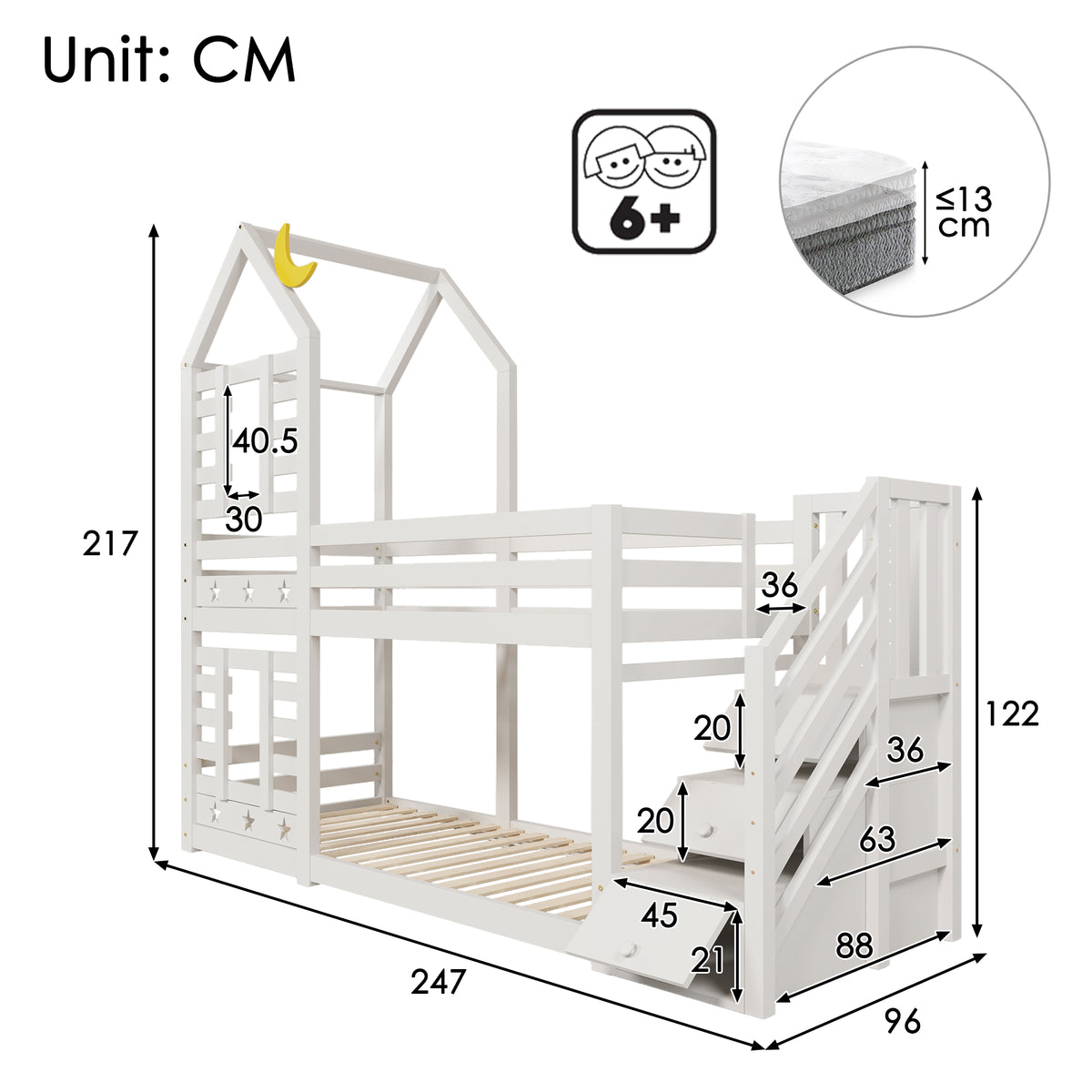 White HOMCOM bunk bed with built-in storage, kids' cabin design, window, solid pine wood, twin size 190x90 cm, 3ft.