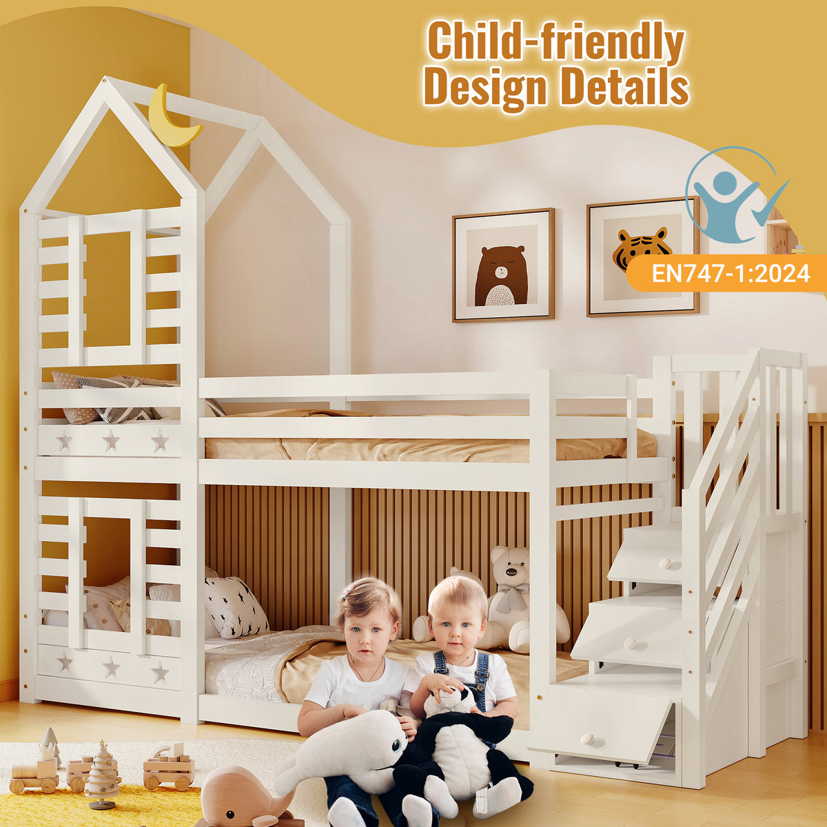 White HOMCOM bunk bed with storage, built-in window, twin size, solid pine wood, ideal for kids' room, 190x90 cm.