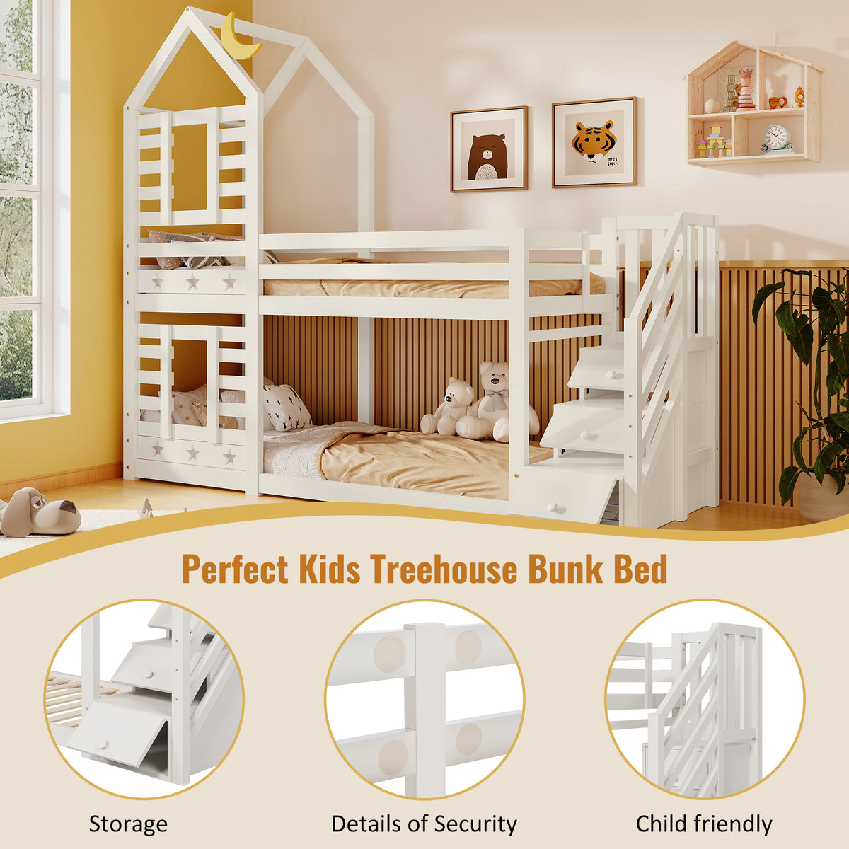 White HOMCOM bunk bed with built-in storage, window, and twin sleeper in solid pine wood, suitable for kids, 190x90 cm.