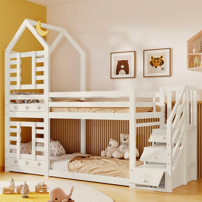 White HOMCOM bunk bed for children with built-in storage, window, twin size 190x90 cm, solid pine wood, 3ft cabin bed for kids.