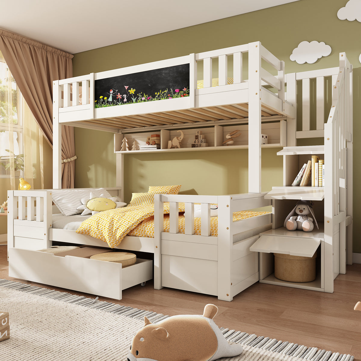 White solid wood children's bunk bed with staircase, drawers, and chalkboard, suitable for multiple kids, 90-135x190 cm, HOMCOM.