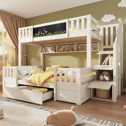 White solid wood children's bunk bed with staircase, drawers, and chalkboard, suitable for multiple kids, 90-135x190 cm, HOMCOM.