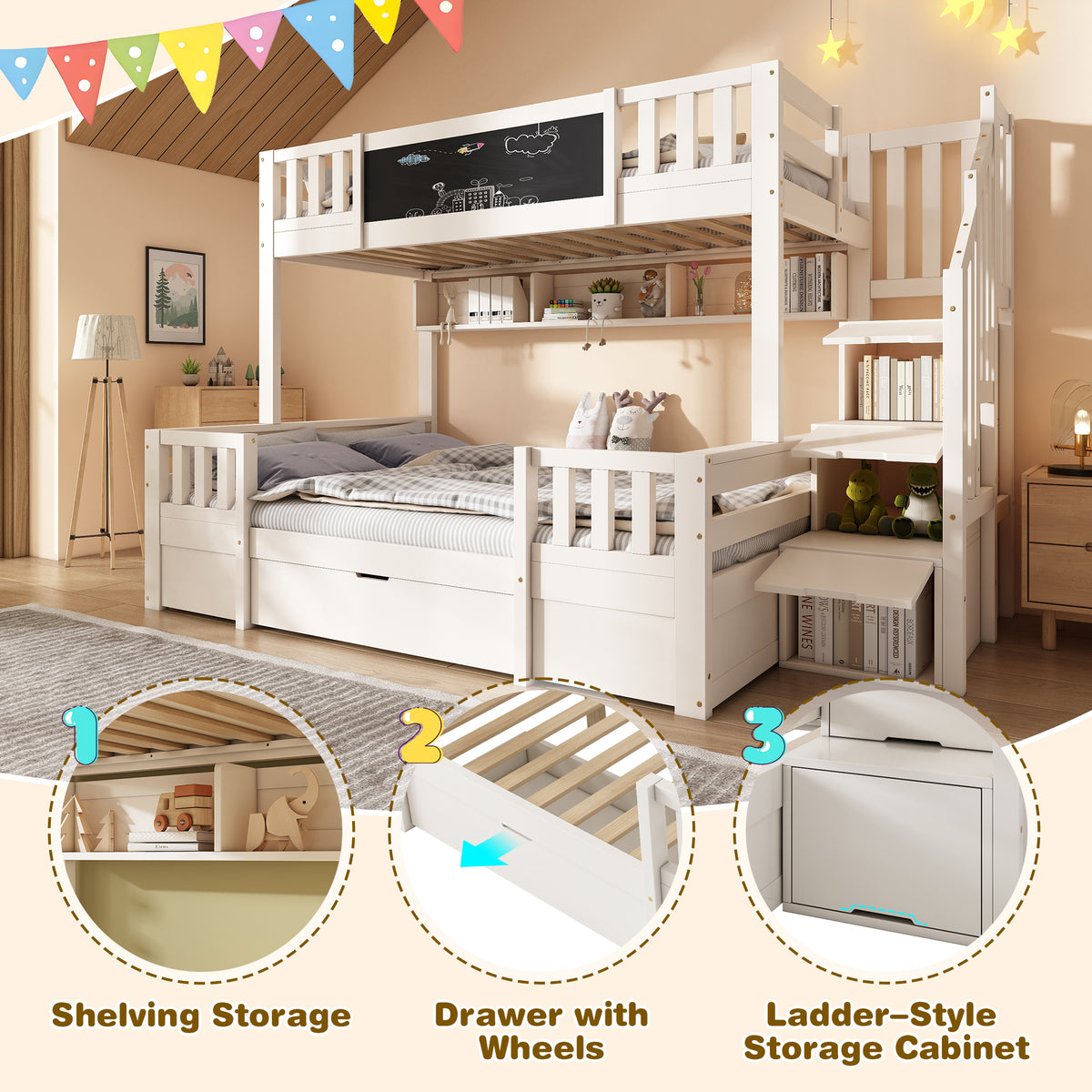 White solid wood bunk bed for kids with staircase, drawers, chalkboard, and storage space, ideal for families with multiple children.