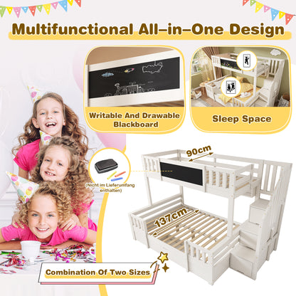 White solid wood bunk bed for kids with staircase, drawers, chalkboard, and storage space, suitable for multiple children.