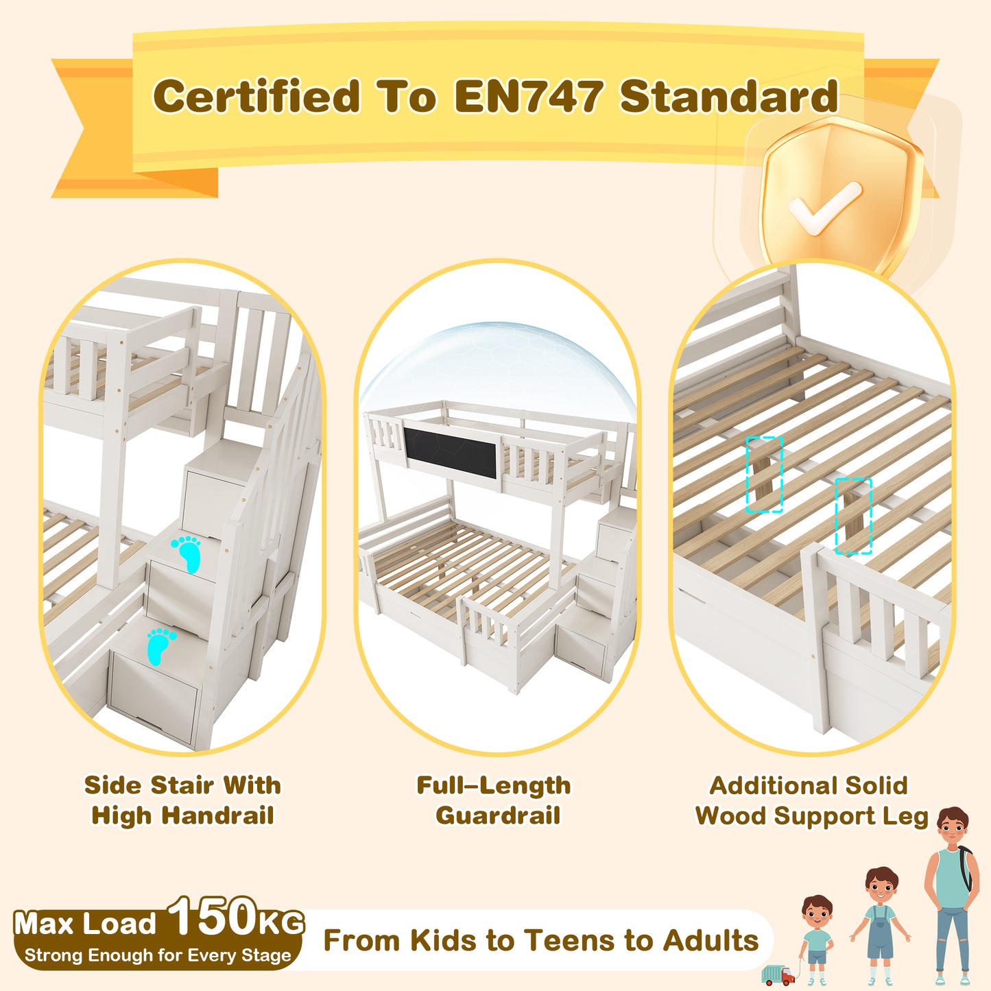 White HOMCOM bunk beds for kids with staircase, drawers, chalkboard, and storage, made of solid wood, suitable for multiple children.