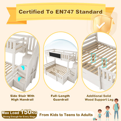 White HOMCOM bunk beds for kids with staircase, drawers, chalkboard, and storage, made of solid wood, suitable for multiple children.