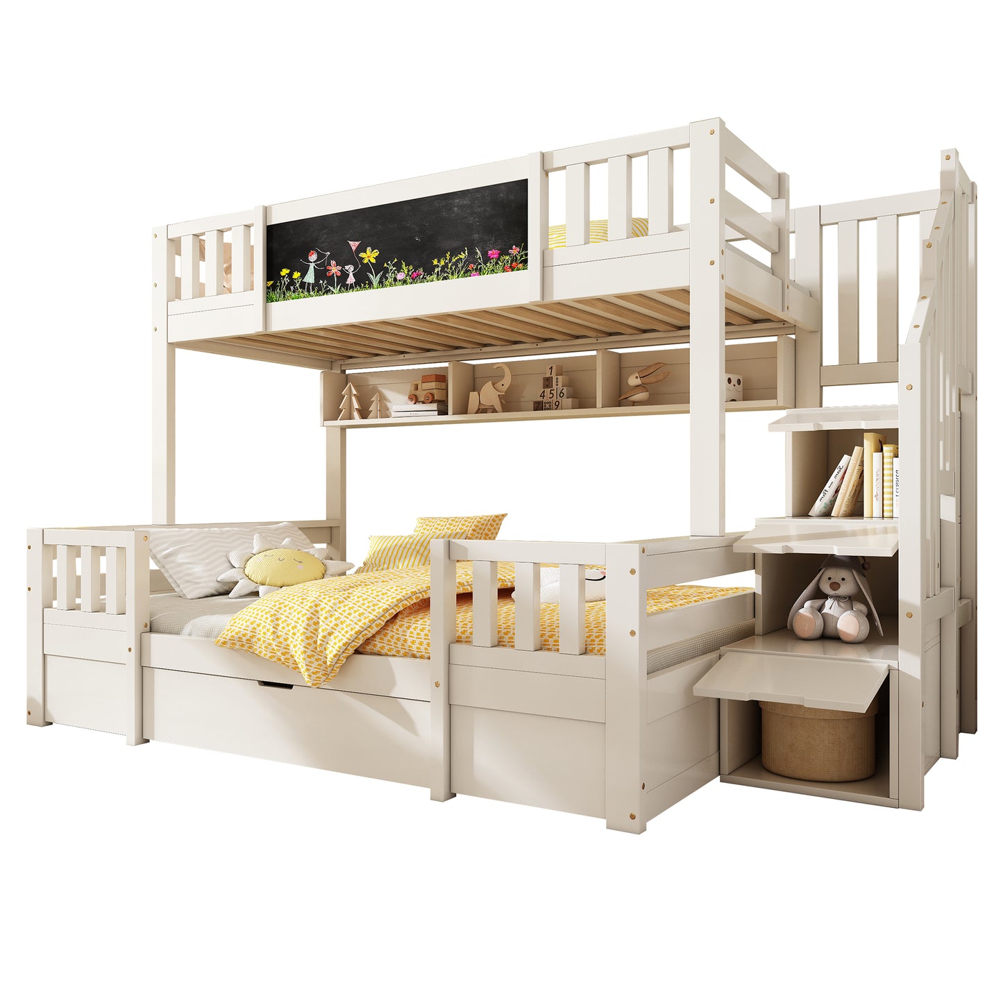 White solid wood bunk beds for kids with staircase, drawers, and chalkboard, featuring storage space and suitable for multiple children.