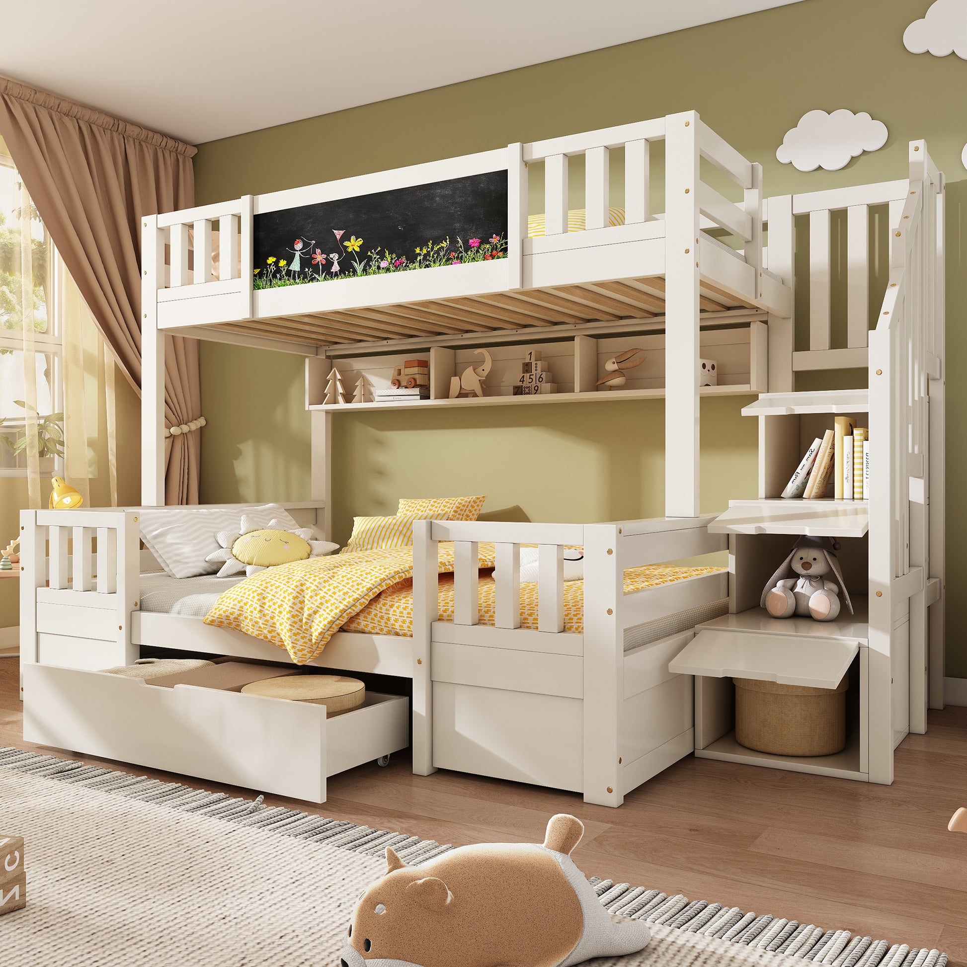 White solid wood bunk bed for kids with staircase, drawers, and chalkboard, suitable for multiple children, size 90-135x190 cm.